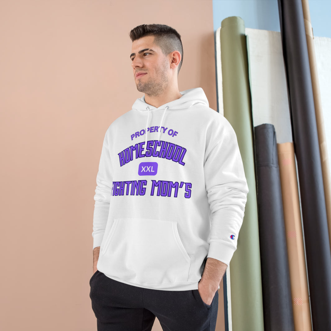 A man wearing a hoodie in the gym. The caption on the hoodie reads property of Homeschool Fighting Mom's