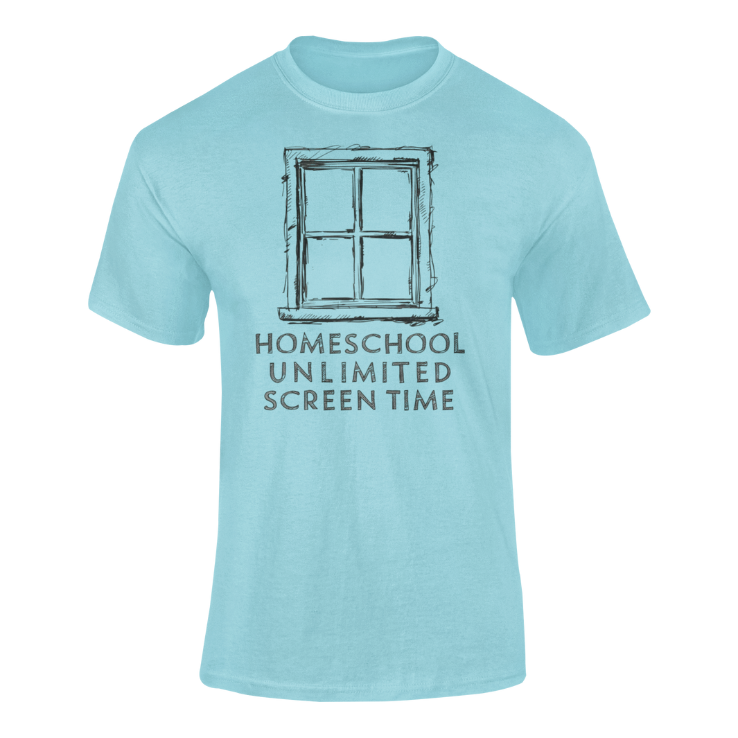 a shirt with a frame of window with the words Homeschool Unlimited Screen Time