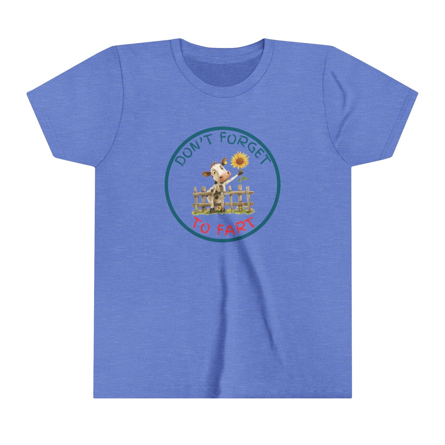  a funny t shirt with a cow leaning against a fence wearing a shirt with the motto Don't Forget To Fartt To Fart. A cow leans over a fence with a flower