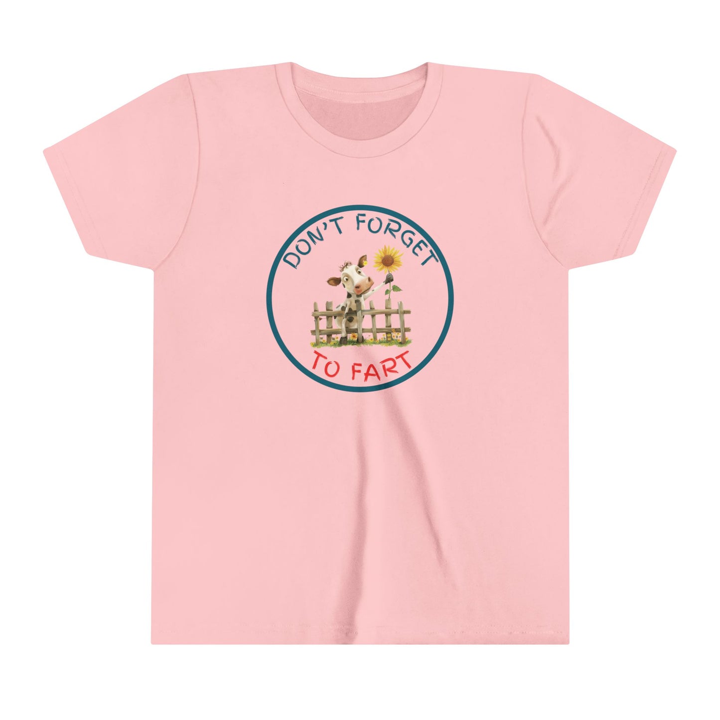  a funny t shirt with a cow leaning against a fence wearing a shirt with the motto Don't Forget To Fartt To Fart. A cow leans over a fence with a flower