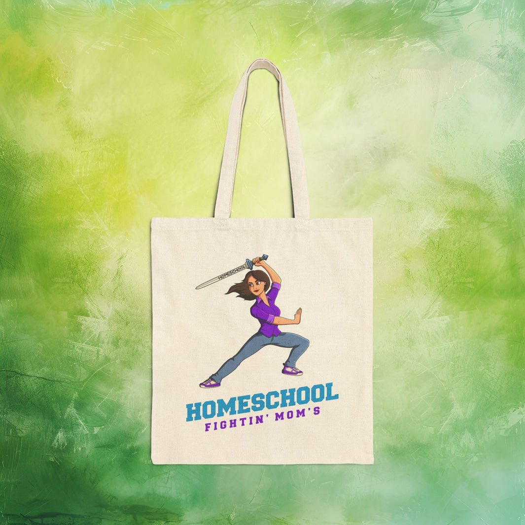 a tote bag with a warrior woman and a engrave homeschool sword