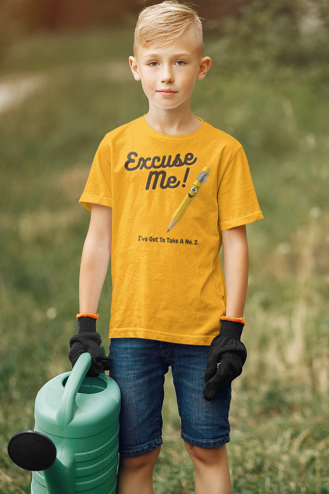 a boy watering the garden wearing a orange shirt with the motto excuse Me. I've got to take a No.2 an illustravie pencil in centered